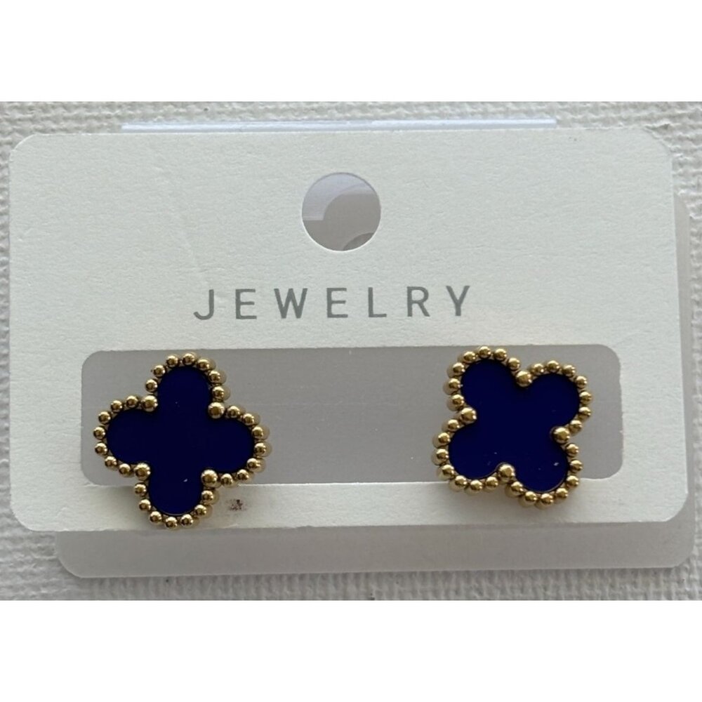 Gold-Tone Blue  Stud Earrings With Beaded Edges